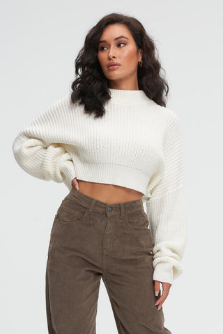 Knitted High Collar Sweater - White