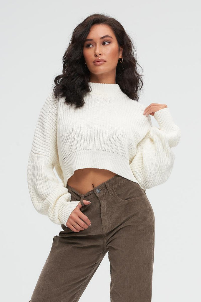 Knitted High Collar Sweater - White