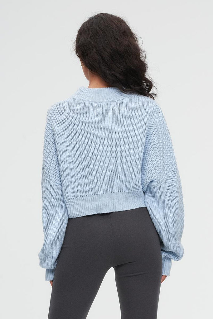 Knitted High Collar Sweater - Blue Fog