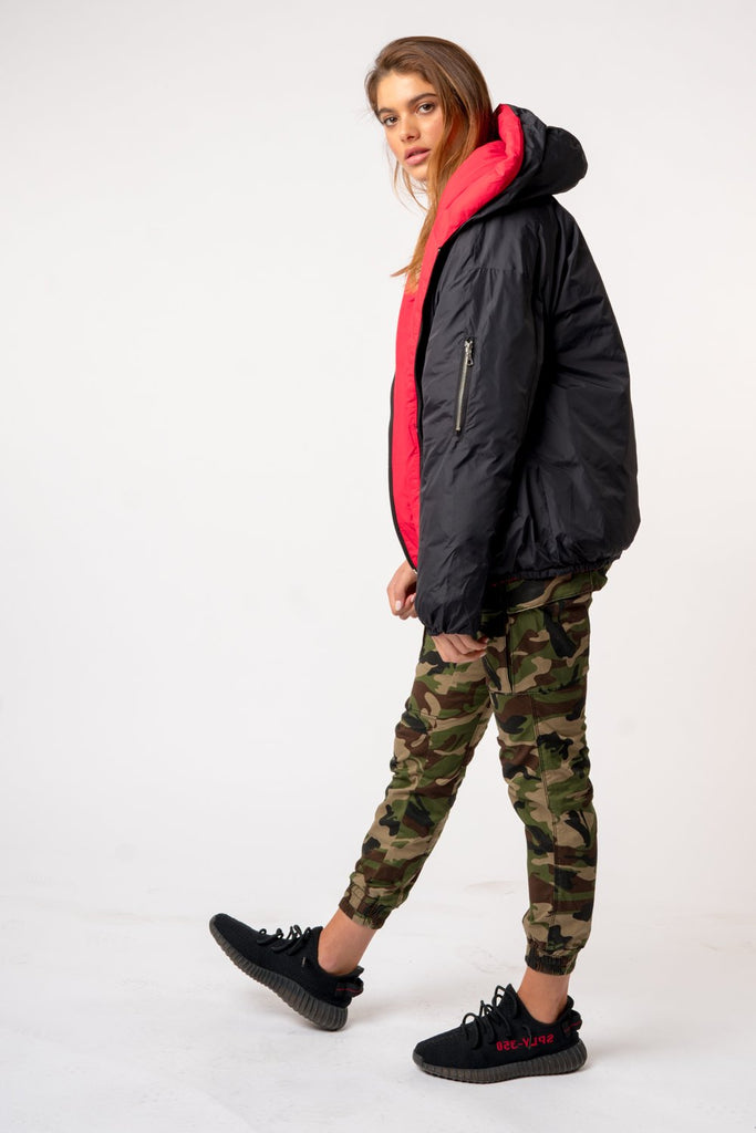 Oversized Down Jacket - Black/Red