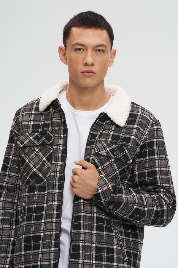 Plaid Sherpa Jacket - Black/Grey